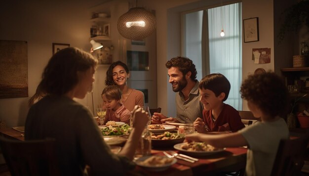 Una foto di cena in famiglia caratteristiche facciali chiare rilassato e gioioso luogo di studio