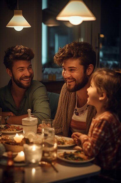 Una foto di cena in famiglia caratteristiche facciali chiare rilassato e gioioso luogo di studio