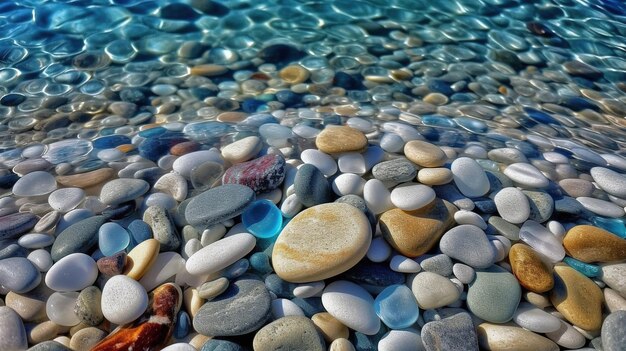 Una foto di ciottoli nell'acqua con la parola mare su di esso