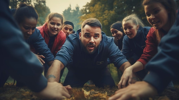 Una foto di colleghi impegnati in un esercizio di team building all'aperto