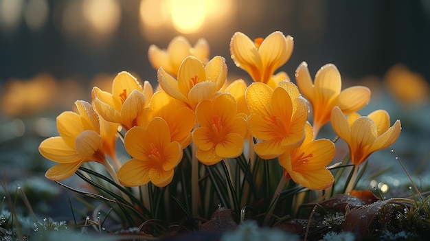 Una foto di crocus gialli all'inizio della primavera