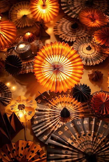 una foto di decorazioni di carta da giorno messicane su un tavolo nello stile dell'ambra scura