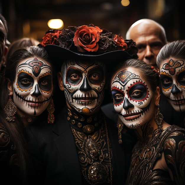 una foto di diverse persone con costumi e volti spaventosi per la celebrazione del giorno dei morti