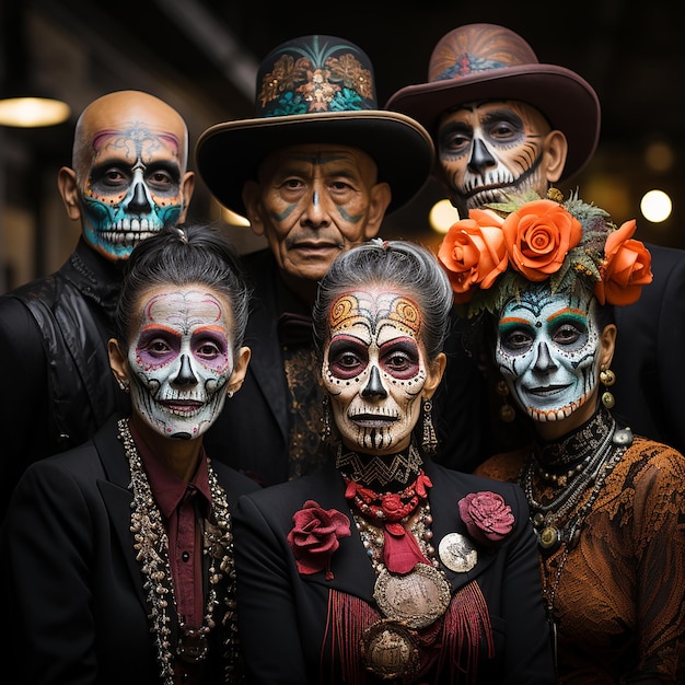 una foto di diverse persone con costumi e volti spaventosi per la celebrazione del giorno dei morti