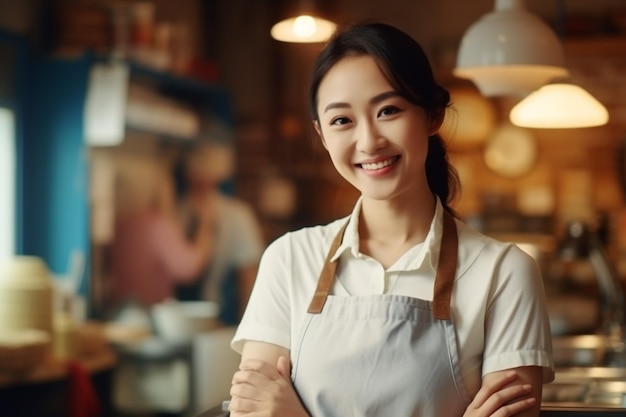 Una foto di donna asiatica negozio lavoratore sorride Negozio al dettaglio drogheria panetteria farmacia Signora con un grembiule che lavora nel mercato