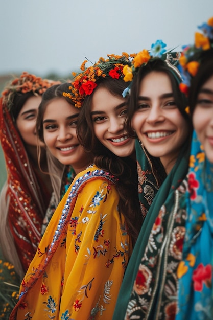 una foto di donne in abiti tradizionali di diverse culture che festeggiano insieme la Festa della Donna