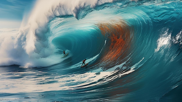 una foto di due surfisti che cavalcano un'onda con l'arancia sul fondo.