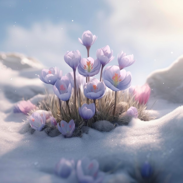 Una foto di fiori che è nella neve