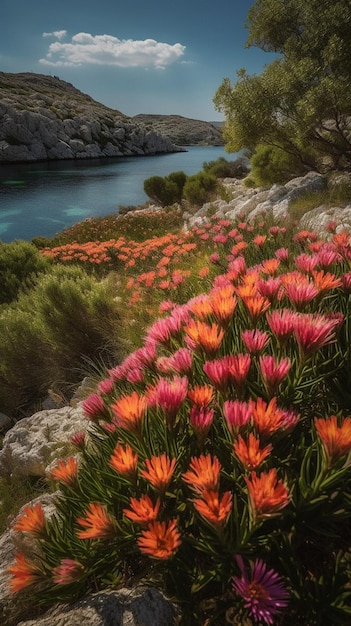 Una foto di fiori in riva al mare