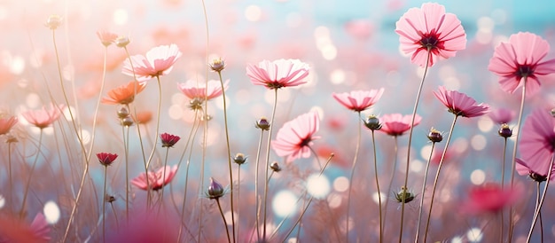 una foto di fiori rosa in un campo nello stile dell'acquamarina chiara e dei toni tenui e sognanti del rosso