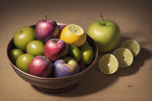 una foto di frutta su un piatto e un tavolo con una sensazione antica