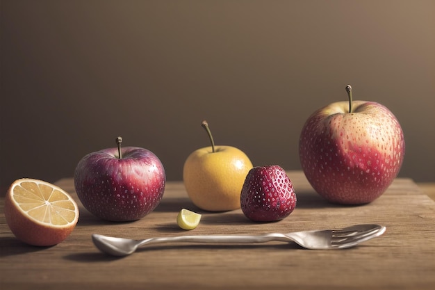 una foto di frutta su un piatto e un tavolo con una sensazione antica
