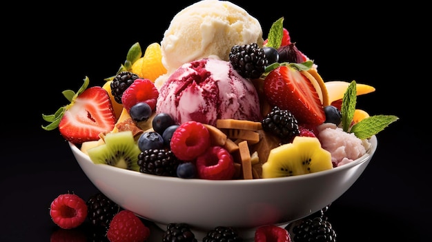 Una foto di gelato con frutta fresca