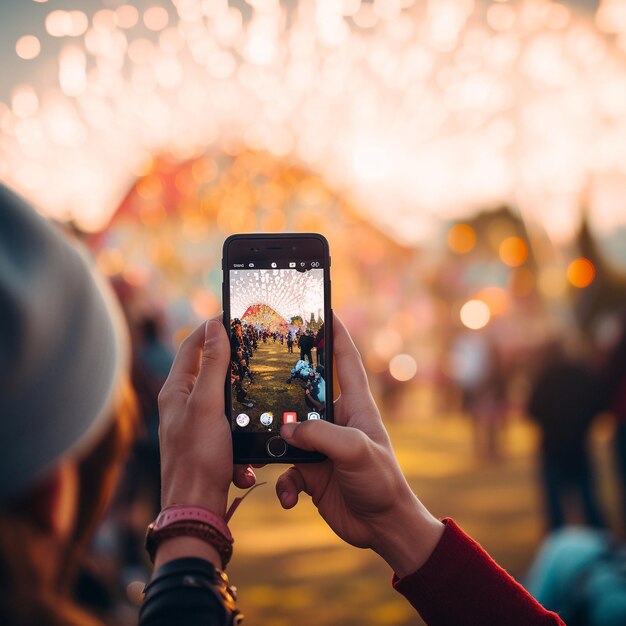 Una foto di Hand con un telefono che registra il festival musicale dal vivo persone che scattano fotografie con lo smartphone