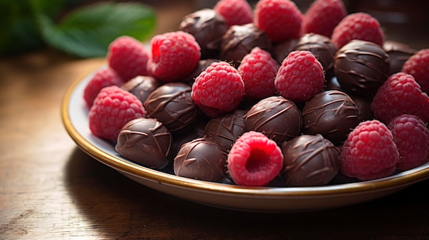 Una foto di lamponi ricoperti di cioccolato su un piatto