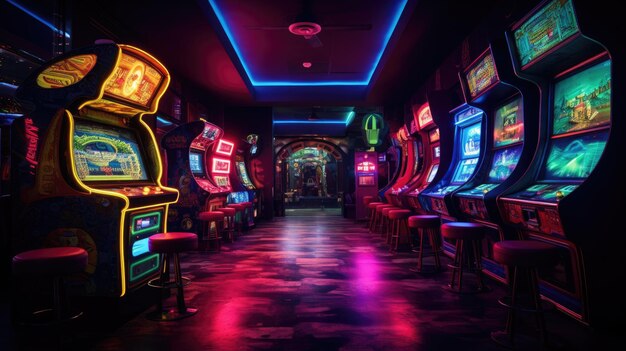 Una foto di luci al neon di un arcade retrò