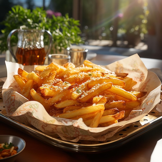 Una foto di patatine fritte sul tavolo