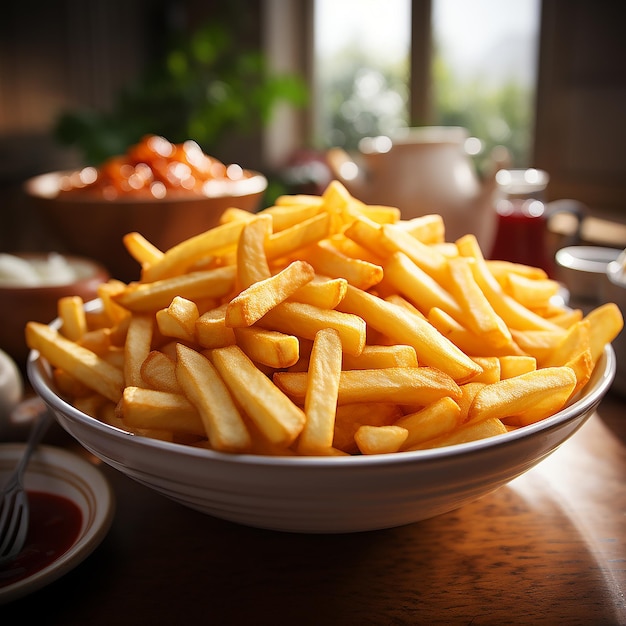 Una foto di patatine fritte sul tavolo