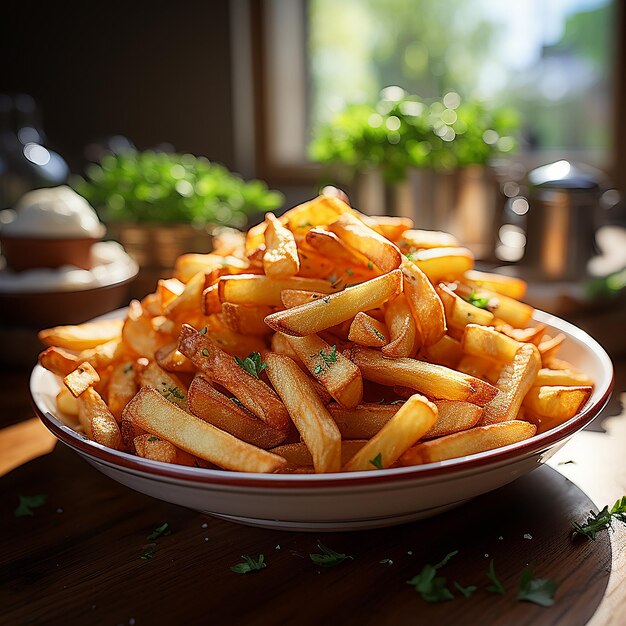 Una foto di patatine fritte sul tavolo