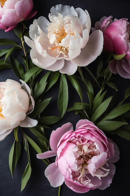 Una foto di peonie con uno sfondo scuro