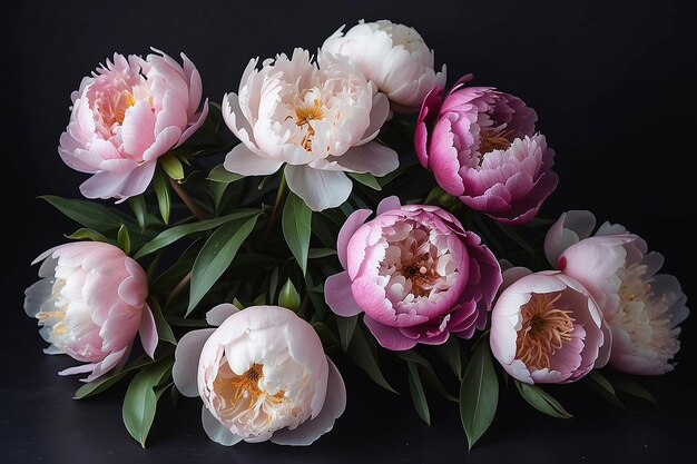 Una foto di peonie con uno sfondo scuro