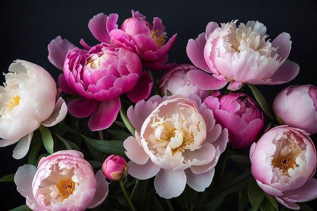 Una foto di peonie con uno sfondo scuro