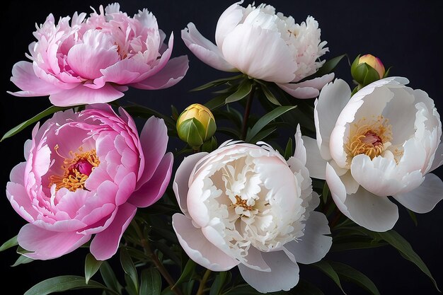 Una foto di peonie con uno sfondo scuro