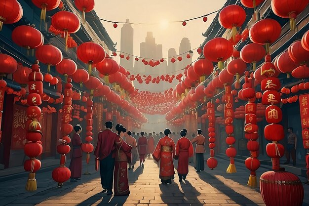 una foto di persone che camminano in un tempio cinese con palloncini rossi