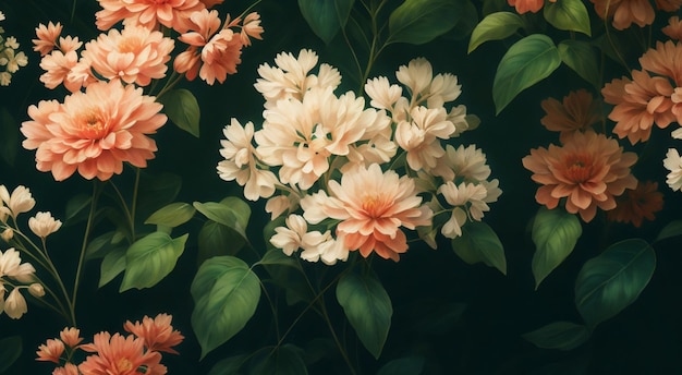 Una foto di pittura di fiori con una foglia verde sullo sfondo