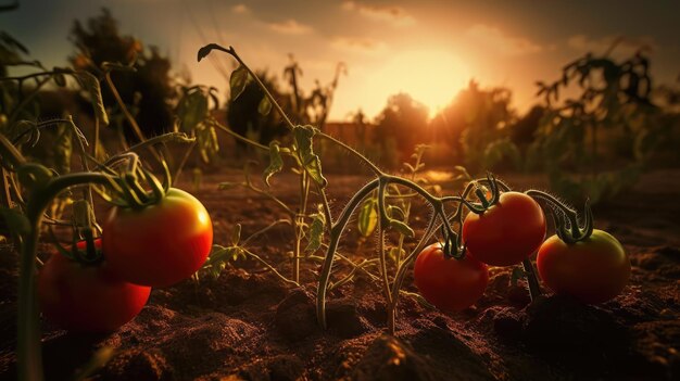 Una foto di pomodori nel terreno con il sole che tramonta dietro di loro.