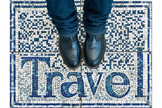 Una foto di pov che guarda verso il basso sui piedi di una persona in piedi su un pavimento in piastrelle di mosaico con la parola viaggio