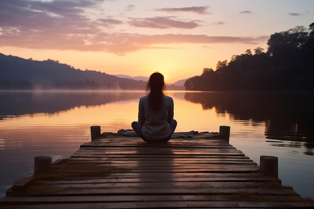 Una foto di stile di vita pacifico di una donna seduta sul molo al tramonto sul lago