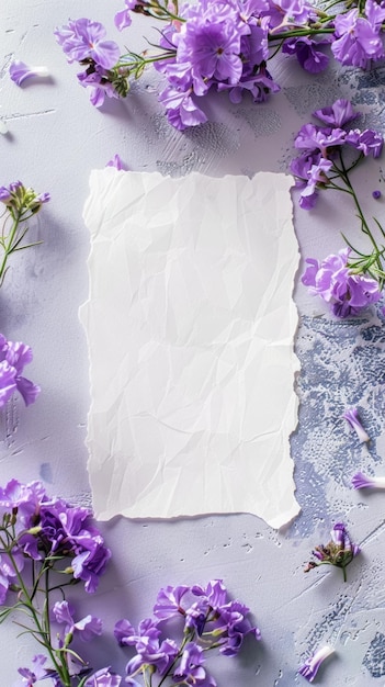 Una foto di stock di alta qualità che mostra un foglio di carta bianco centrale abbracciato da piccoli fiori viola vivaci su una superficie lilac texturata perfetta per composizioni artistiche o di marketing