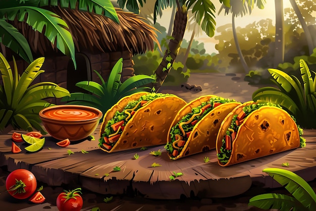 una foto di tacos e una ciotola di cibo con una palma sullo sfondo