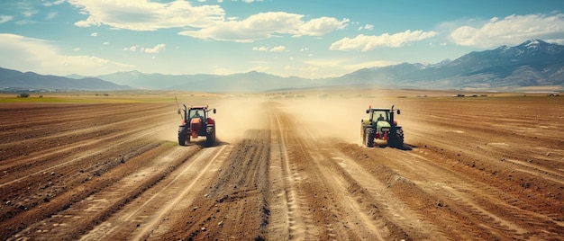 Una foto di trattori che piantano patate nei fertili campi dell'Idaho