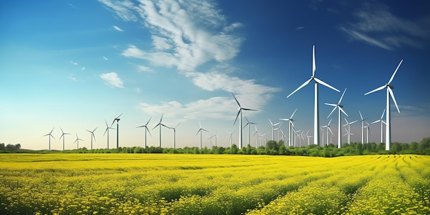 Una foto di turbine eoliche in un campo con un cielo blu e nuvole.