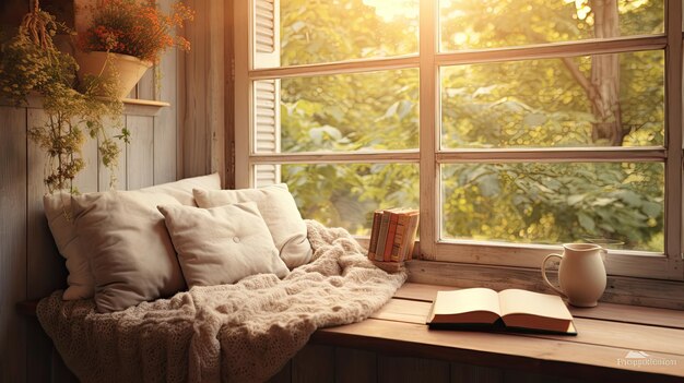 Una foto di un accogliente angolo di lettura accanto a una finestra con uno sfondo di luce naturale morbida