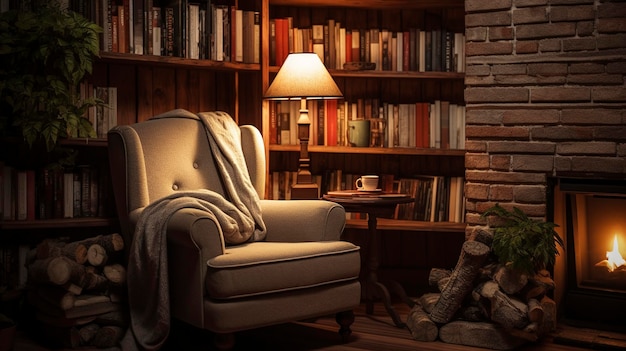 Una foto di un accogliente angolo lettura con una comoda poltrona e scaffali per libri