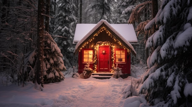 Una foto di un'accogliente capanna coperta di neve con una porta rossa