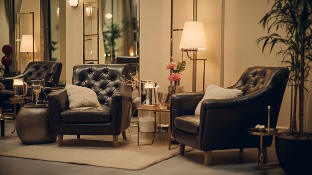 Una foto di un'accogliente sala d'attesa in un elegante salone di bellezza