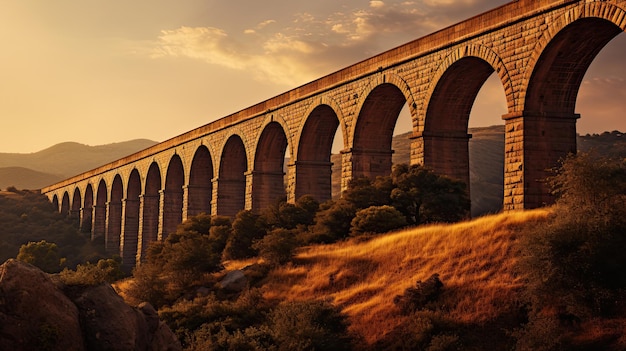 Una foto di un acquedotto ad arco in pietra con le colline a sfondo