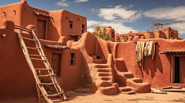 una foto di un adobe pueblo pianure desertiche sole luminoso a mezzogiorno