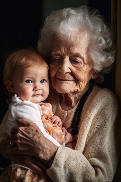 Una foto di un'adorabile nipote tenuta in braccio dalla nonna.