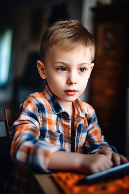 Una foto di un adorabile ragazzino autista usando un tablet digitale creato con l'AI generativa