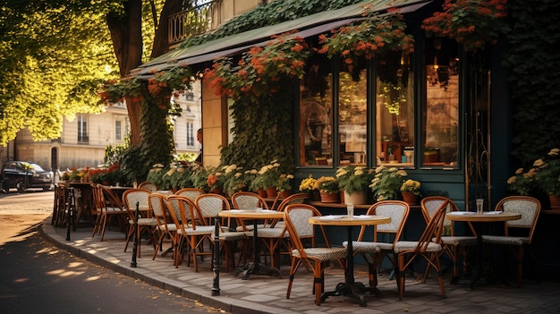 Una foto di un affascinante caffè sulla strada con posti a sedere all'aperto
