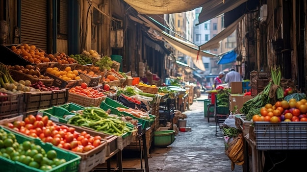 Una foto di un affascinante mercato di strada con prelibatezze locali