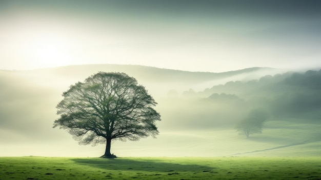 Una foto di un albero solitario in un prato nebbioso diffuso dalla luce del sole