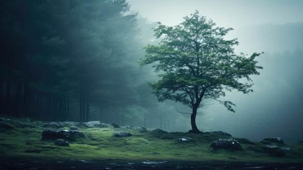 Una foto di un albero solitario in una foresta nebbiosa di luce soffice e diffusa