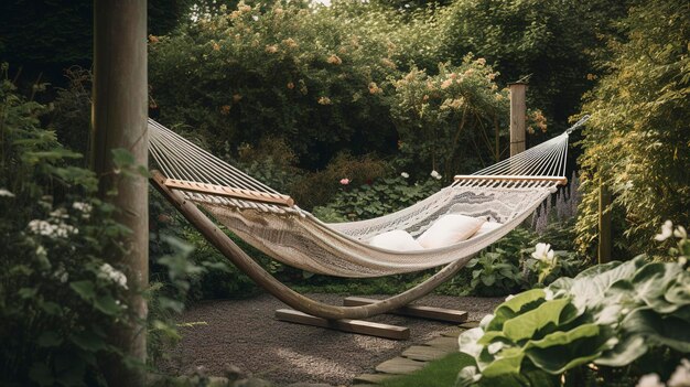 Una foto di un'amaca rilassante in un giardino