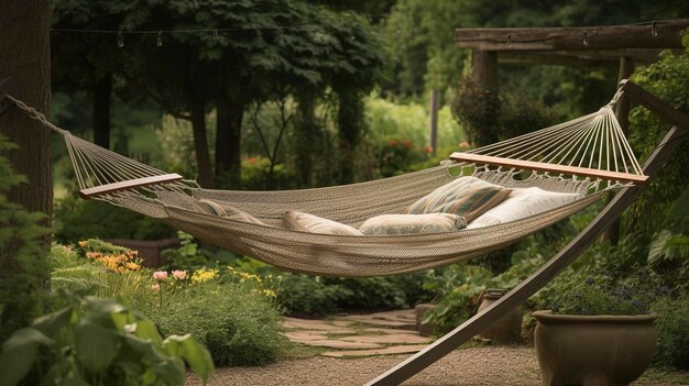 Una foto di un'amaca rilassante in un giardino